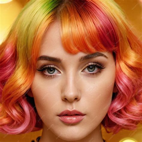 A woman with colorful hair and a yellow and pink hair with rainbow