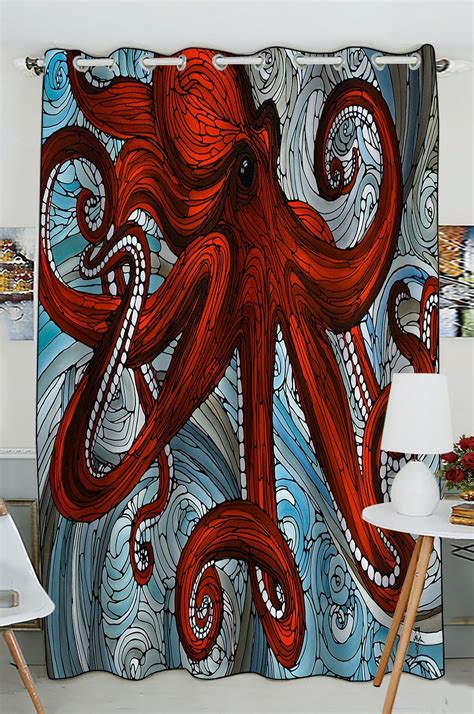 GCKG Blue Octopus Window Curtain,Red Octopus Grommet Blackout Curtain