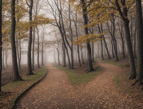 Misty Autumn Forest Path with Two Diverging Trails Surrounded by Golden ...