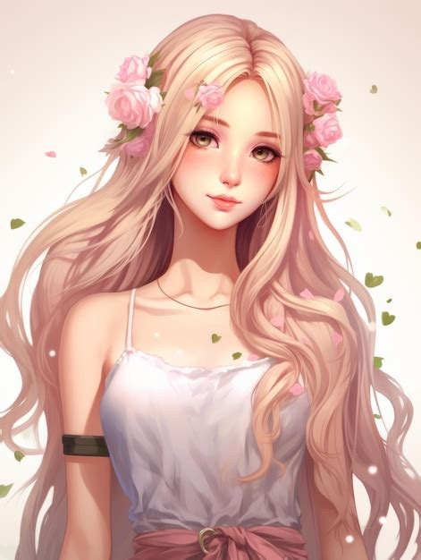 Anime girl with long blonde hair and flowers in her hair | Premium AI ...