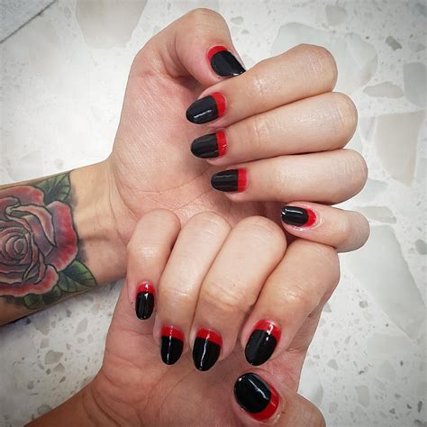 Black red half moon almond nails | Nail shapes, Nails, Moon manicure