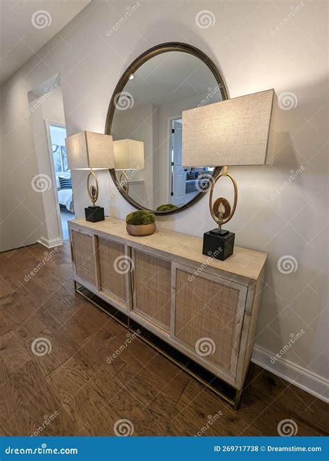 Bedroom Modern Dresser with Mirror and Lamps Stock Photo - Image of
