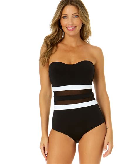 Anne Cole BLACK/WHITE Mesh Around Strapless One Piece Swimsuit, US 10
