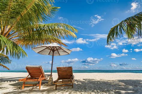 Amazing vacation beach. Chairs on the sandy beach near the sea. Summer