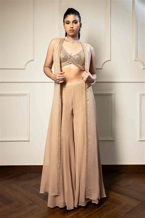 Buy Beige Net Embroidery Thread V Neck Placement Beads Cape Sharara Set