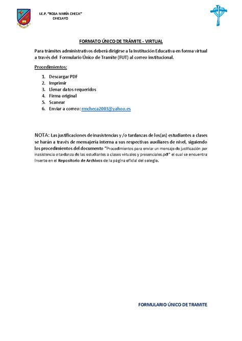 Formato Unico DE Tramite - I.E. “ROSA MARÍA CHECA” CHICLAYO FORMATO