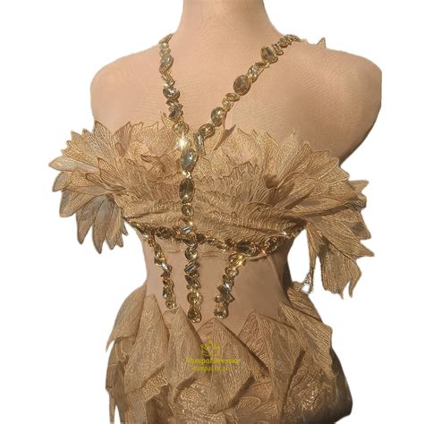 Gold Golden Cicada Wings Dress Birthday Party Dresses For Women Stage