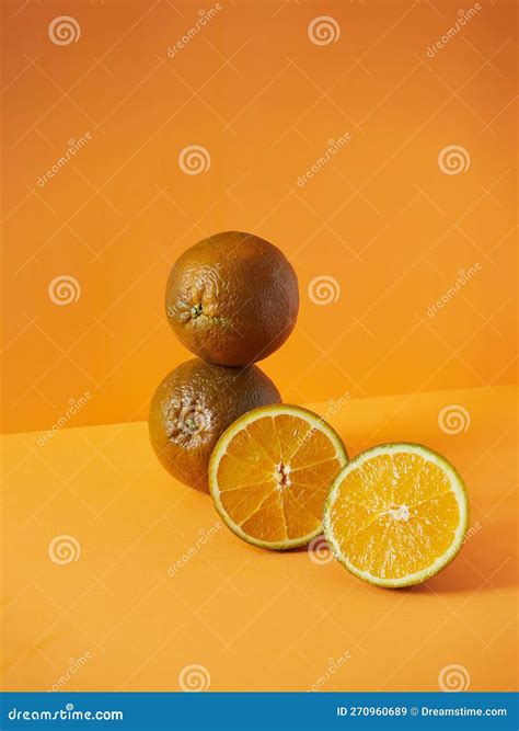 Chocolate Navel Orange Fruits, Two Whole Stacked and One Halved Stock