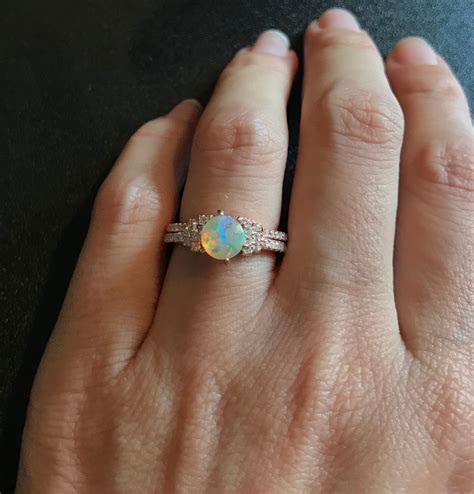 Natural Opal Bridal 2 Ring Set- Genuine Opal Engagement 2 Rings-Round ...