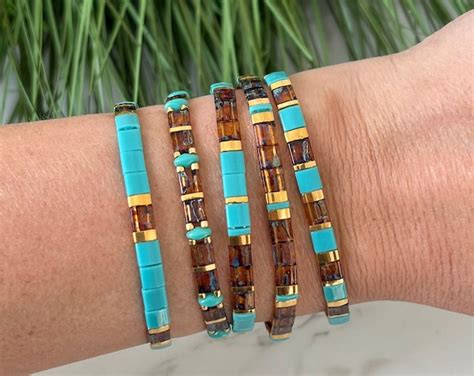 Turquoise & Brown Stackable Beaded Bracelets Glass Tile Bracelets Tila ...