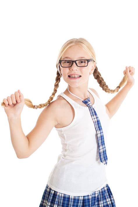 schoolgirl stretches   long braids stock photo image