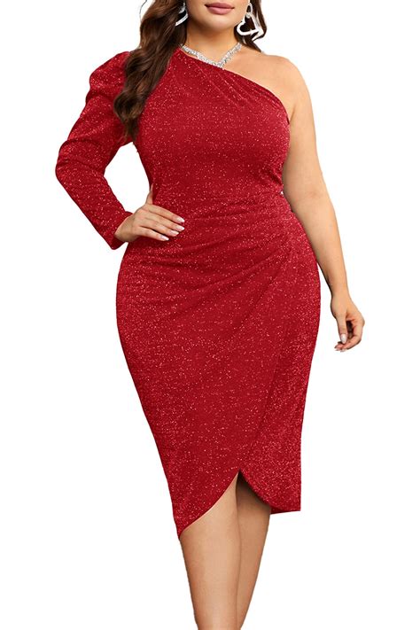 KIMCURVY Plus Size Wedding Guest Dress Long Sleeve One Shoulder Slit