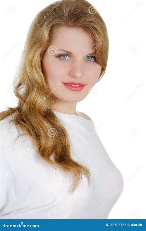 Girl with the Big Breast on a White Stock Image - Image of attraction