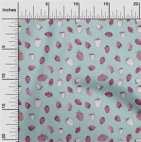oneOone Silk Tabby Dusty Teal Blue Fabric Strawberry Fruits Sewing