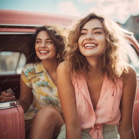 Premium Photo | Girls on road trip posing and smiling