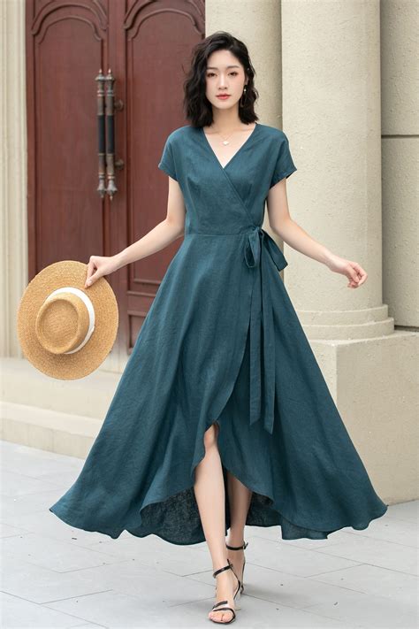 Short sleeve Green Linen Wrap dress 5142 | Wrap dress, Classy wedding