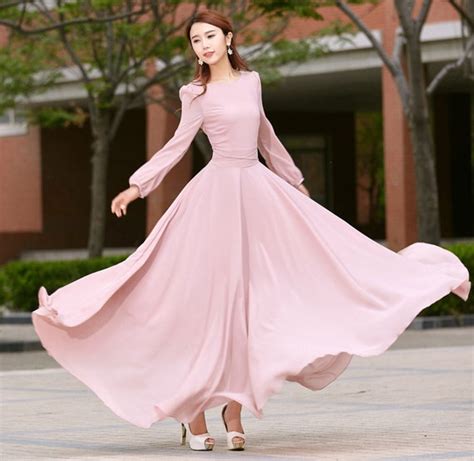 Chiffon Dress Pink Dress Long Sleeve Bohemian Swing Chiffon - Etsy