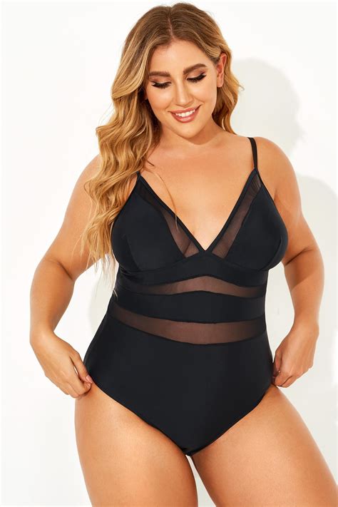 Black Mesh V-neck Women One Piece Swimsuit - Meet.Curve - Meet.Curve