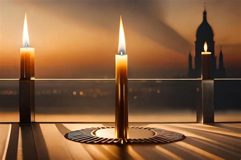 Premium AI Image | a candle on a table with a silhouette of a church in ...