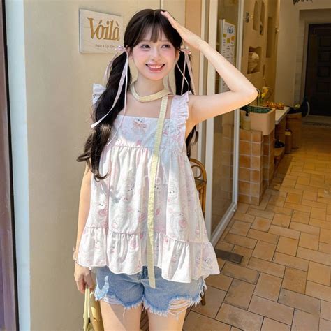 sweet girl style pink cute kitten print suspenders kawaii fashion
