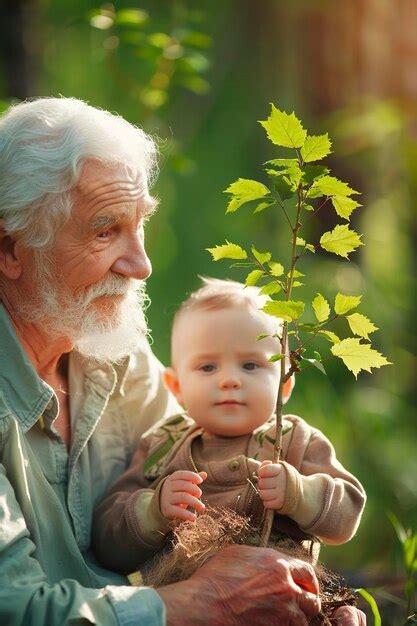 Premium Photo | Old man and baby holding young maple tree Ecological
