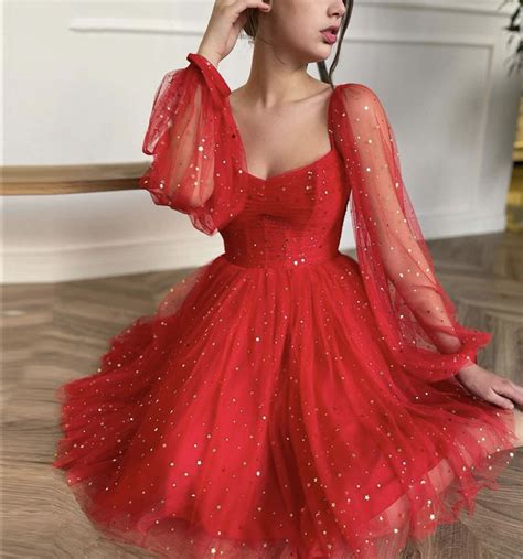 Red tulle short prom dress with long sleeve cocktail dress from little
