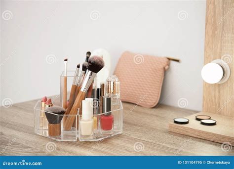 Makeup Cosmetic Products with Tools in Organizer Stock Image - Image of ...