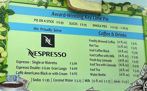 Blond Giraffe Key Lime Pie Factory menu in Tavernier, Florida, USA