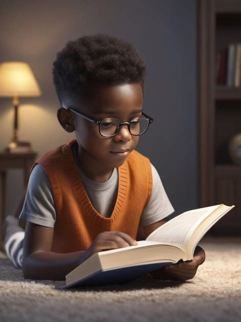 Premium Photo | A boy wearing glasses reading a book on the carpet