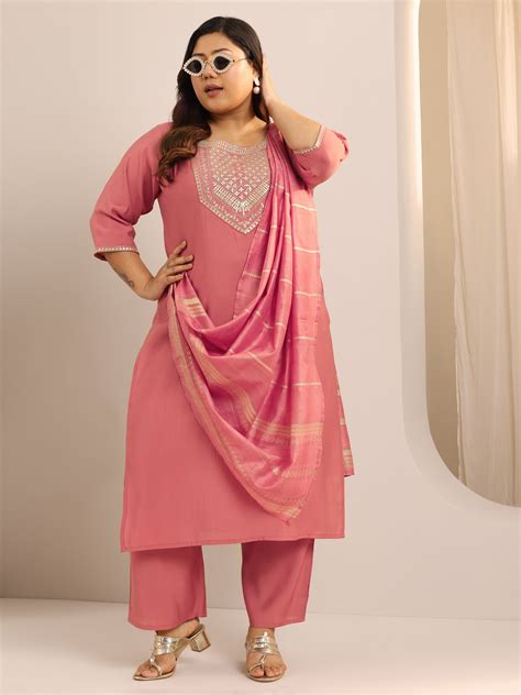 Buy Plus Size Peach Yoke Design Silk Blend Straight Suit Set With