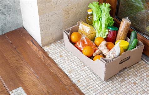 Donation Box with food during covid quarantine. Food box delivery on
