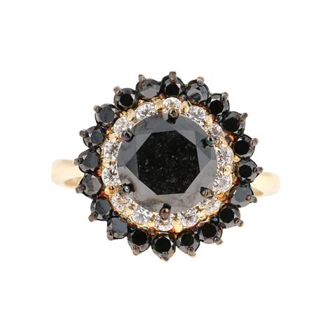 3.80 Carat Round Cut Black Diamond 14K Yellow Gold Double Halo Ring For