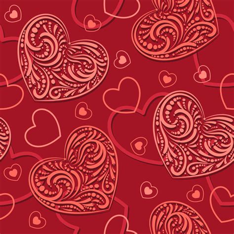 Red background with coral lacy hearts, silhouettes and contours of