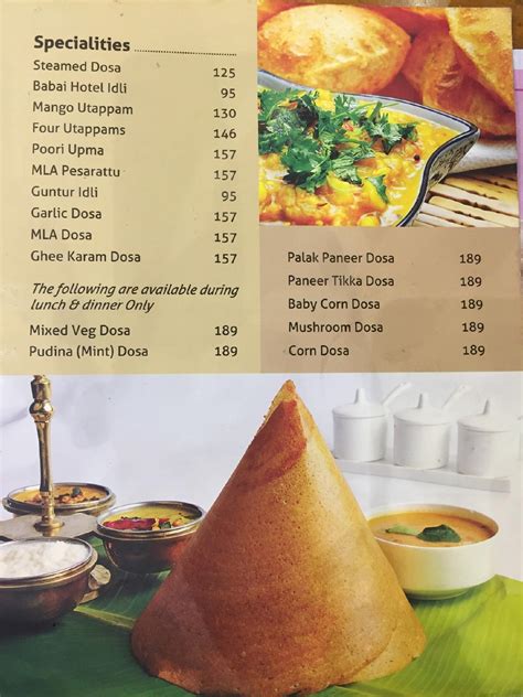 Menu at Chutneys, Hyderabad, Hi-tech City