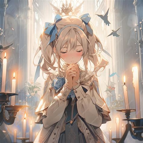 Premium Photo | Anime girl in a blue dress praying in a church