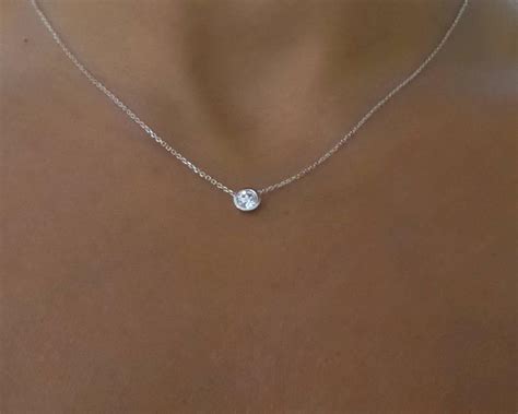 Diamond Solitaire Necklace / 14k White Gold Diamond Solitaire Necklace / Floating Diamond ...