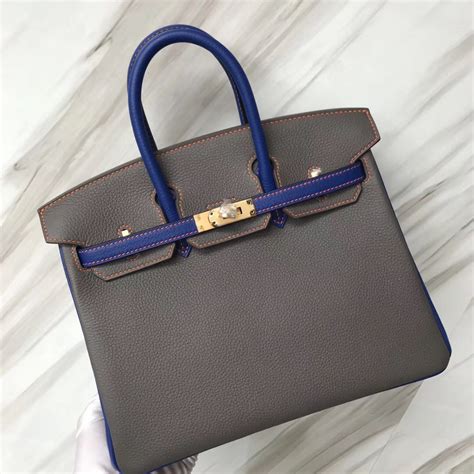 新加坡爱马仕专卖店Hermes Birkin 25 Togo 8F锡器灰/I7琉璃蓝 拉丝金扣 马蹄印-Hermès Birkin kelly ...