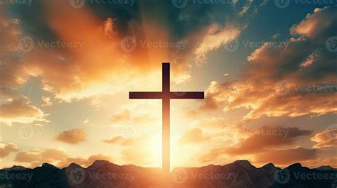 Empty cross of Jesus Christ over dramatic sunrise sky panorama with ...