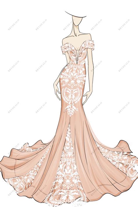 Ivory Lace Dusty Pink Horsehair Mermaid Custom Wedding Dress Sketch