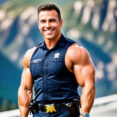 Muscle Police Officer with Sleeveless Uniform and Mountainous