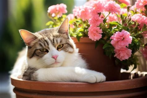 Premium Photo | Cute cat relaxation in flower pot at balcony