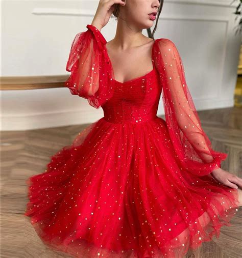 Red Tulle Short Prom Dress with Long Sleeve Cocktail Dress on Storenvy