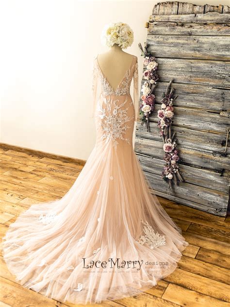 Fitted Deep Plunge Wedding Dress with Handmade Beading - LaceMarry