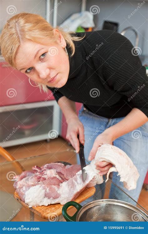 Woman Cut Pork Meat Stock Image - Image: 15995691