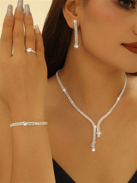 1set White Rhinestone Bridal Jewelry Set, Western Style Crystal Jewelry