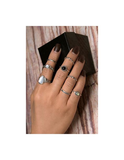 set  inele midi subtiri cu cristale albe mate lacrima  opalescent