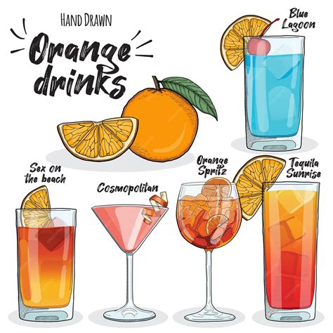 Premium Vector | Orange Drinks Set Sex on the beach Spritz Blue Lagoon