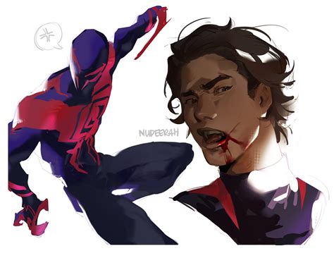 miguel o'hara and spider-man (marvel and 3 more) drawn by nudeerah