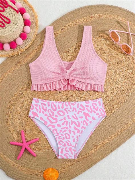 tween girls pink solid color camisole bikini  piece swimsuit setcute