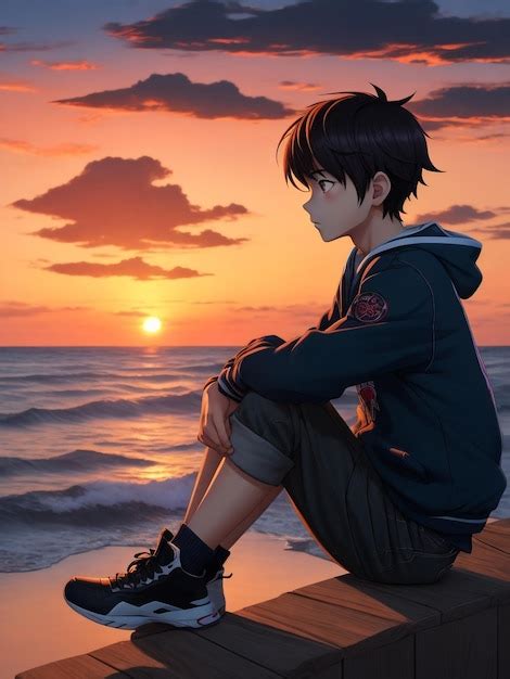 Premium AI Image | Artistic image of Boy anime on the beach watching sunset